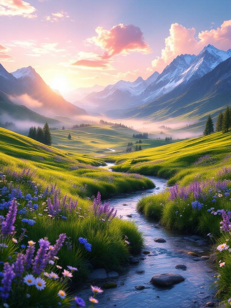 Breathtaking, ultra-realistic scene of a serene valley at golden hour. Rolling emerald meadows stretch into the distance, dotted with wildflowers in soft pastel tones — lavender, daisies, and tiny blue cornflowers swaying gently in the breeze. A crystal-clear river winds through the landscape, reflecting the amber and rose-tinted sky. Majestic snow-capped mountains rise in the distance, partially veiled by delicate morning mist. The sky is alive with a mesmerizing gradient — soft peach, warm gold, and hints of lilac, with rays of sunlight piercing through wispy clouds. The atmosphere is magical and calm, full of awe and quiet wonder — like a dream suspended in time.  
Style: Hyper-realistic, painterly softness, cinematic lighting  
Camera: Full-frame DSLR, 50mm lens, f/4, ISO 100, wide depth of field  
Resolution: 8K, ultra-sharp details