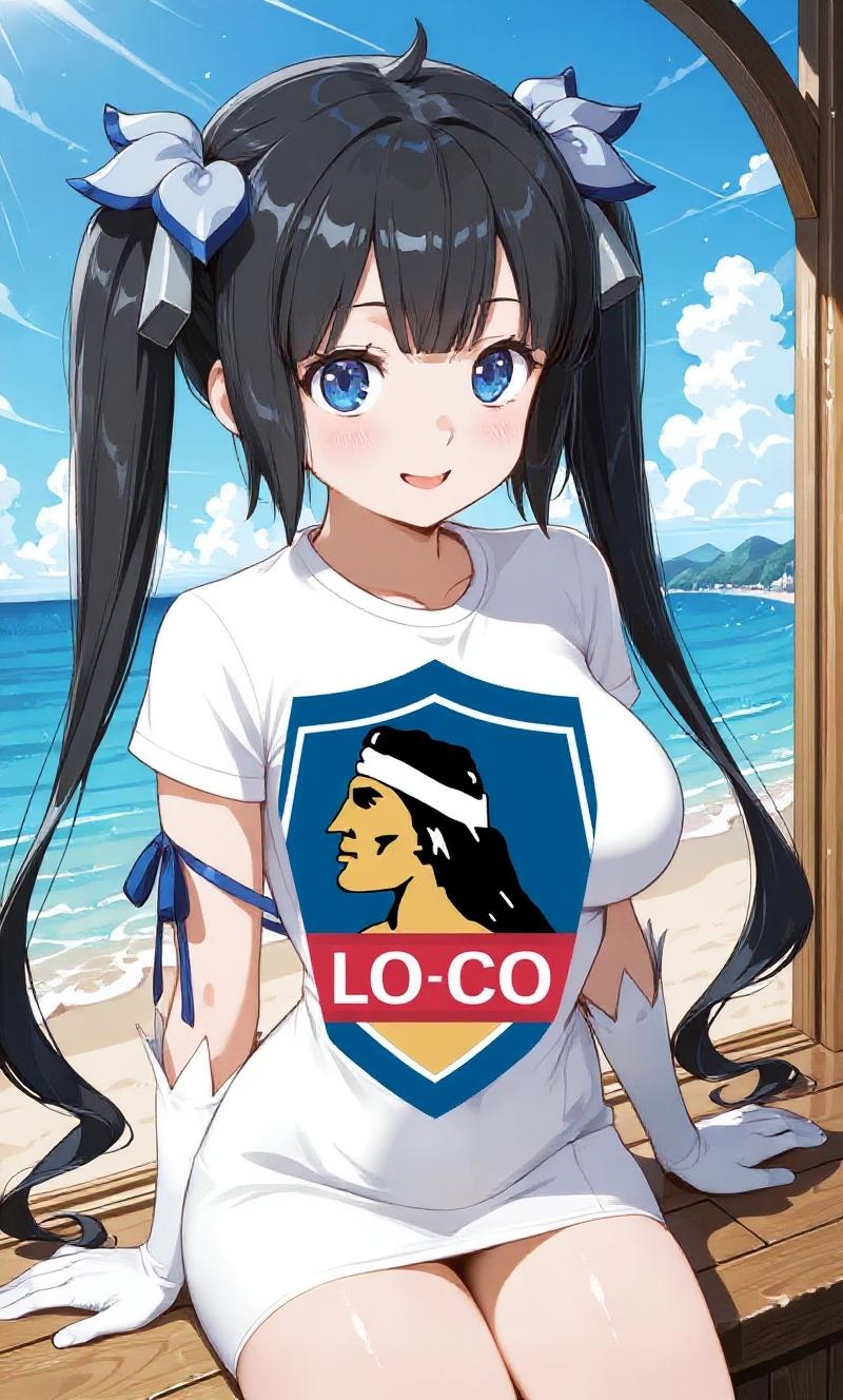 Stamp the logo from Reference Image 2 onto the white t-shirt of the anime girl from Reference Image 1. Keep the t-shirt and the girl exactly the same, only add the logo in a realistic and natural way, as if it were originally printed on the shirt. Do not change the colors, position, or design of the logo