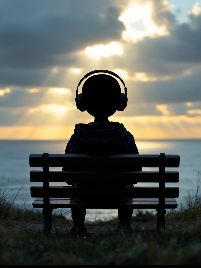 A black stick figure wearing headphones and a hoodie sits on a park bench and watches the ocean. The rays of sunshine subtly break through the clouds concealment
