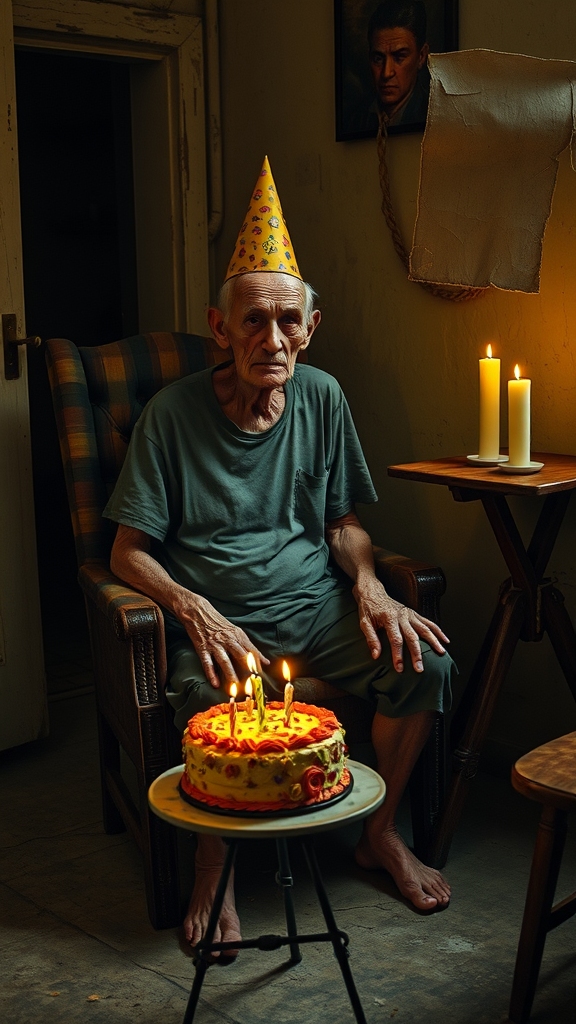 An elderly man, with a frail and delicate appearance, is sitting in an old, worn chair in a room dimly lit by the yellow glow of the candles on the table. He is dressed in a t-shirt and torn pants, reflecting the abandonment and hardships of his life. His deeply wrinkled face, with thin, sagging skin and a tired expression, tells a story full of sadness and suffering. He wears a crooked birthday hat, the festive appearance of which contrasts cruelly with his desolate expression. In front of him, on a small, worn table, sits a small, colorful birthday cake with a lit candle casting flickering shadows on the walls. Next to him is his son standing, looking at him with an angry expression, as if he harbors a deep resentment. The tension between the two is palpable, adding a layer of discomfort to the scene. The surroundings are abandoned, with signs of dirt, worn furniture and peeling walls, reflecting abandonment and loneliness. The yellowish lighting creates a melancholic atmosphere, accentuating the shadows projected on the wall: the frail figure of the elderly man seems cowered in solitude, while the tense presence of the son adds emotional weight to the scene.
