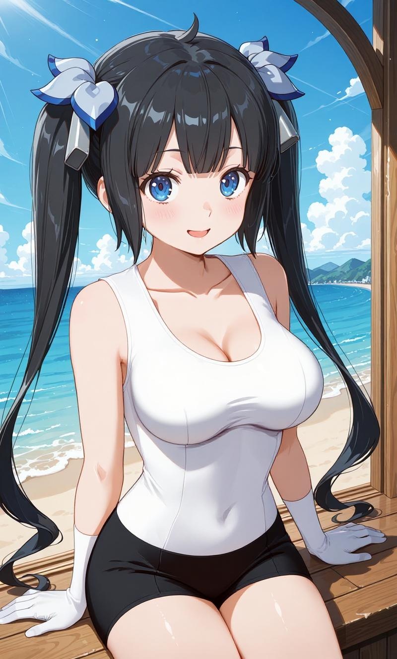 Replace the current clothing with a fully white, tight-fitting shirt and black tight shorts. Do not change anything else in the image — keep the background, body, pose, lighting, and all other details exactly the same