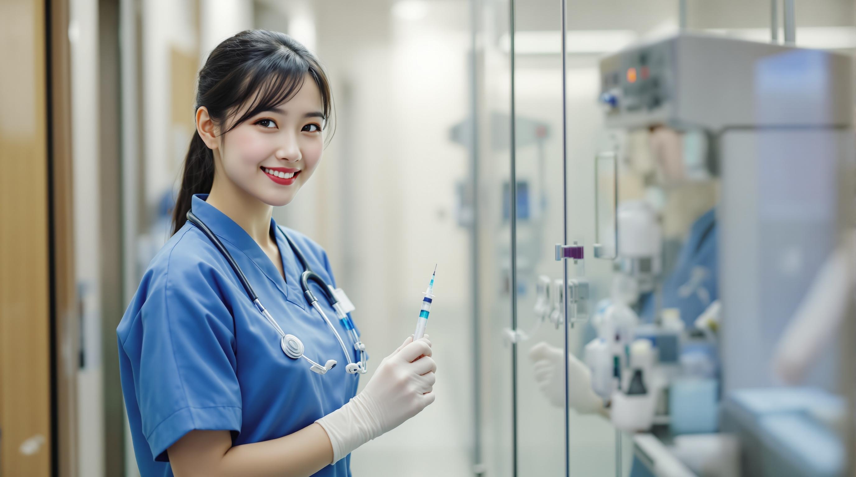 a beautiful chinese nurse, standing 3 meters away, smiles at the camera, injector in hand