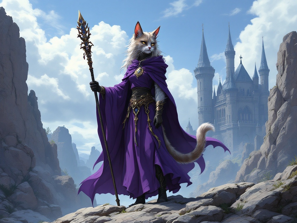 An anime-style medium shot of a heroic fantasy roleplay scene. A hybrid Maine Coon cat woman sorcerer is standing on a rocky terrain. She has pointy ears and wears a purple robe. The sorcerer holds a scepter in her tail. Her tail is wrapped around the scepter. The background reveals a castle with tall towers. The sky is cloudy.