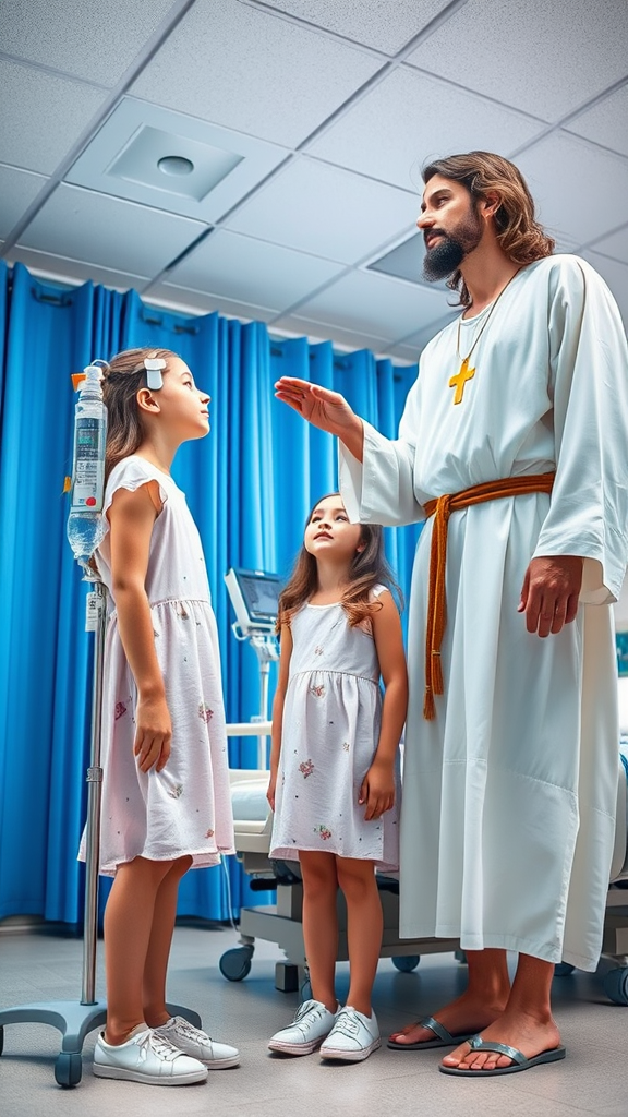 A hospital scene. On the right, a figure representing Jesus Christ stands, wearing a long white robe with simple details and a brown cord tied around the waist. He wears sandals and carries a golden symbol on his chest. Jesus looks down with a serene expression, extending his hand to a girl.

On the left, the girl with fair skin and long brown hair, dressed in a light pink dress with small drawings, is standing and looking up. She wears a medical device around her eyes. Her feet are wearing white sneakers.

Behind them is an adjustable hospital bed with white sheets, as well as a metal stand holding IV bags connected to tubing. A medical monitoring machine with a color screen is also visible. In the background, blue curtains divide the room, and the ceiling is made of white plates. The light in the place is clear and uniform.

The scene conveys a feeling of care, protection and spirituality.