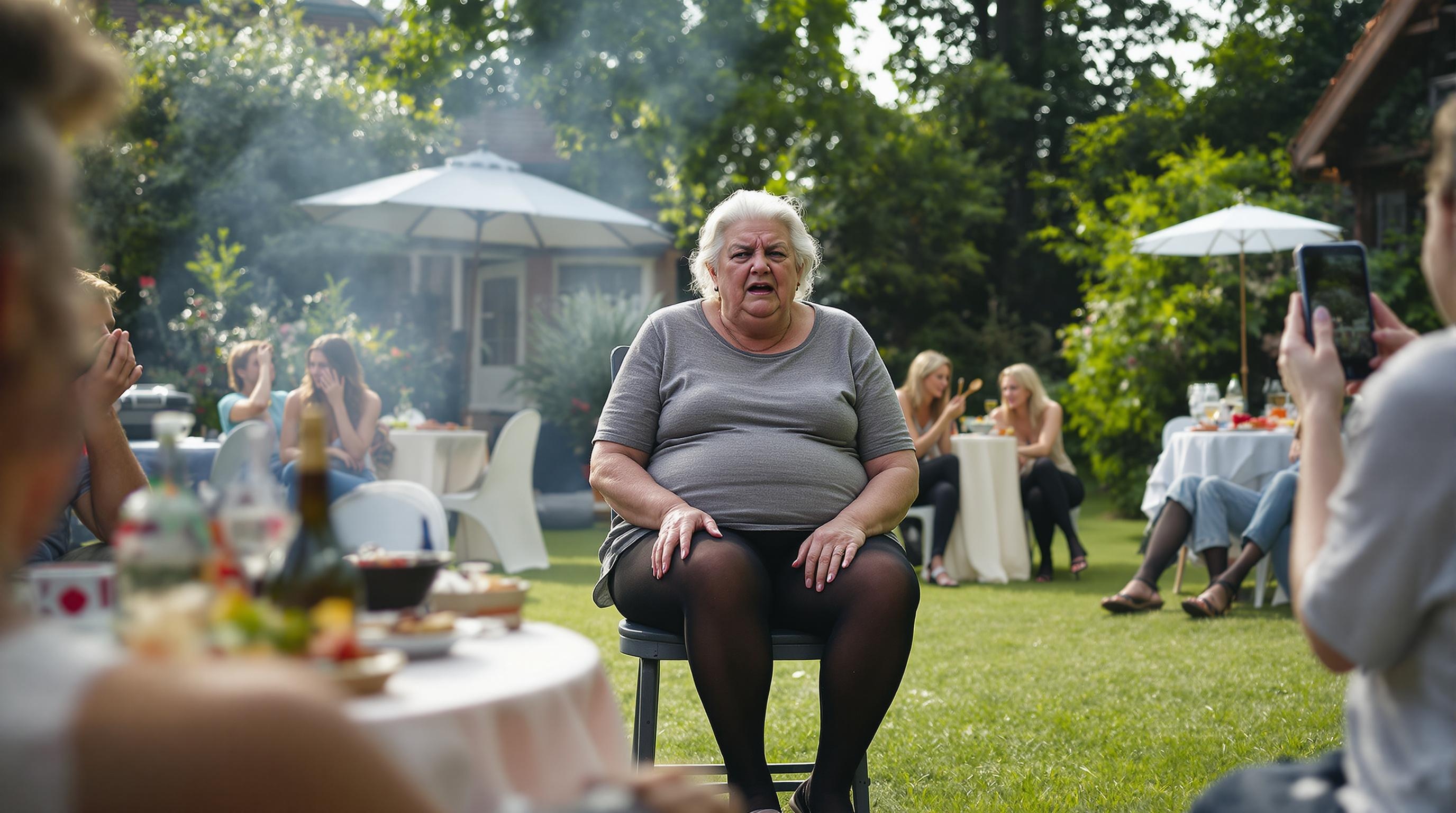 at a barbecue party in large  garden fat grandmother sit on a stool and hold a wooden spoon and looks angry . a young women wear purely black patterned  tights , sandals , belly shirt. laterally , she look to grandma and cry and holds own buttocks and trousers down.  other young womens wear black cotton tights , sandals and shirt, they are terrified sitting around some tables and look surprised with many other people .a young man take pictures with smartphone