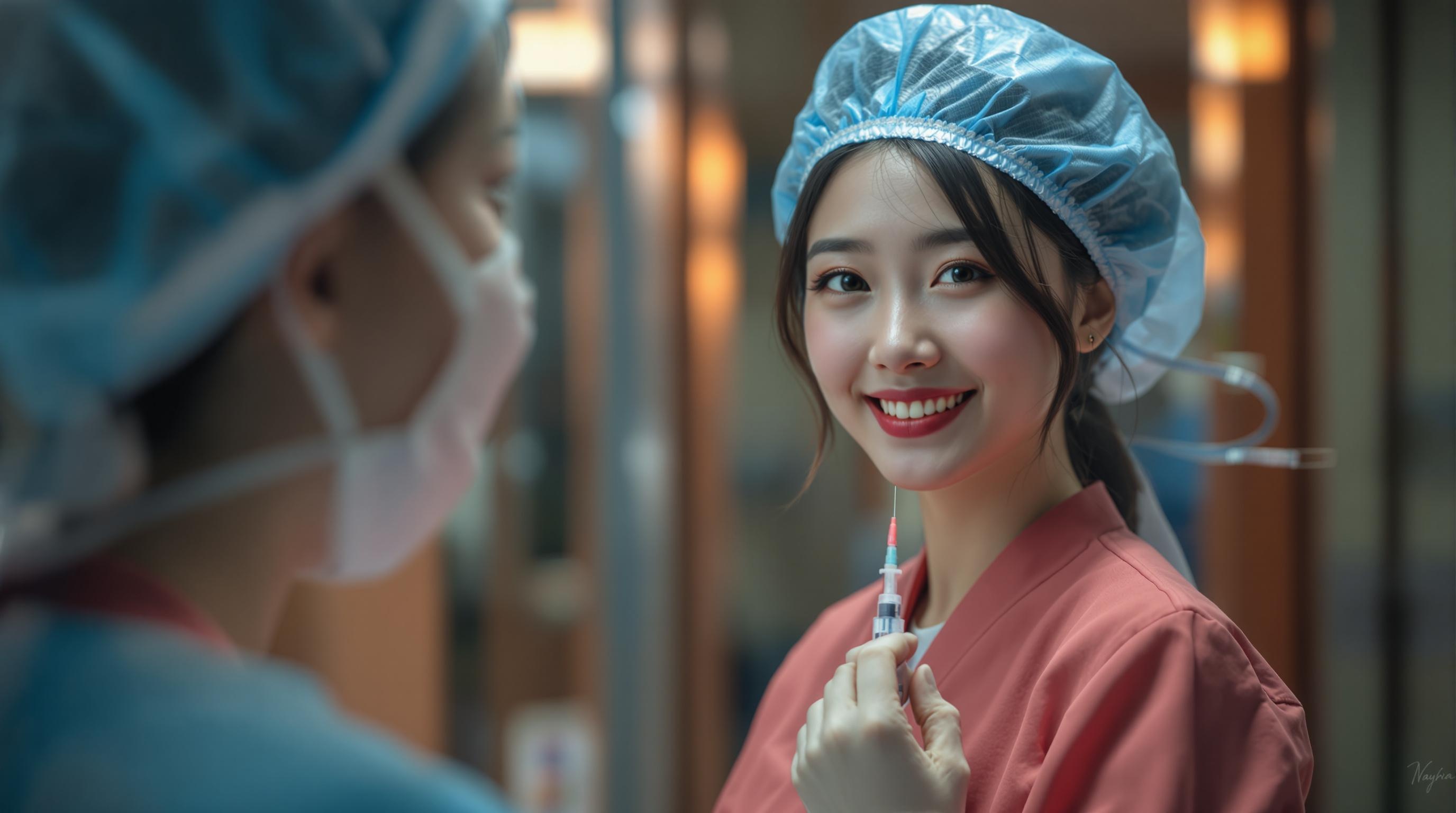 a beautiful chinese nurse, standing 3 meters away, smiles at the camera, injector in hand
