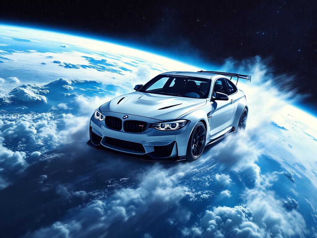 bmw M3 competition in space, white, near the Earth, car is flying
