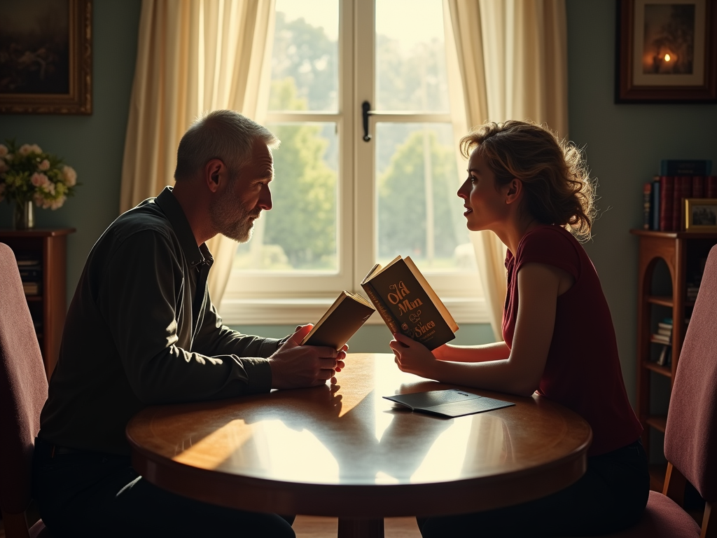 In a hyper-realistic setting, a man and a woman sit across from each other at a polished round table, sunlight streaming through a nearby window, illuminating their intense expressions as they passionately discuss Hemingway's "The Old Man and the Sea," surrounded by books. a man and a woman
