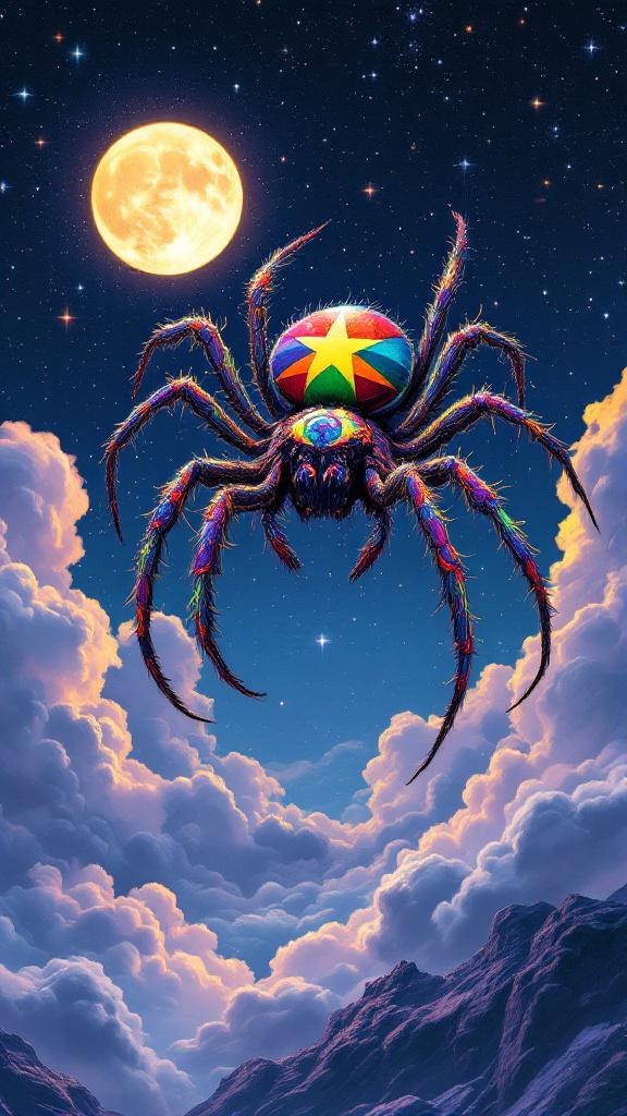 artwork, cute rastafarian spider + moon in sky, hdr