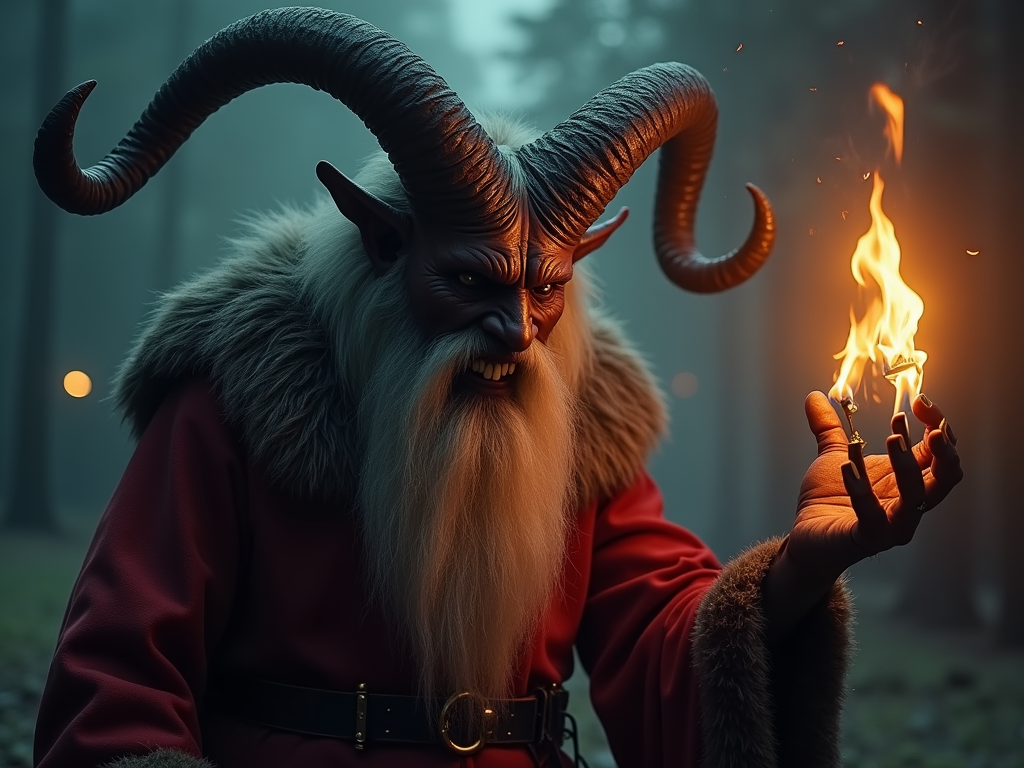 Realistic image. The evil scary Krampus tortures the evil father. Christmas and scary atmosphere.