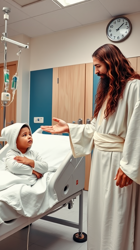 Scene in a softly and cleanly lit hospital environment. To the right of the image, a figure represented as Jesus, with long, wavy brown hair, a full beard and a serene expression, is dressed in a simple white tunic that falls to the feet, revealing leather sandals. He extends a hand in a welcoming and protective gesture towards a child.

On the left, a child is lying in a hospital bed, covered with a white sheet. She wears a white cap covering her head and wears a white sweater. The child looks at Jesus carefully and calmly, while keeping his hands crossed over his chest, in a calm and introspective posture.

In the background, hospital details include medical equipment, such as IV bags hanging on a stand next to the bed, and a wall with light wooden doors and blue panels. Above, there is a round clock with a metal frame, fixed to a white ceiling. The atmosphere conveys serenity and spiritual care, focusing on the connection between the divine figure and the child.
