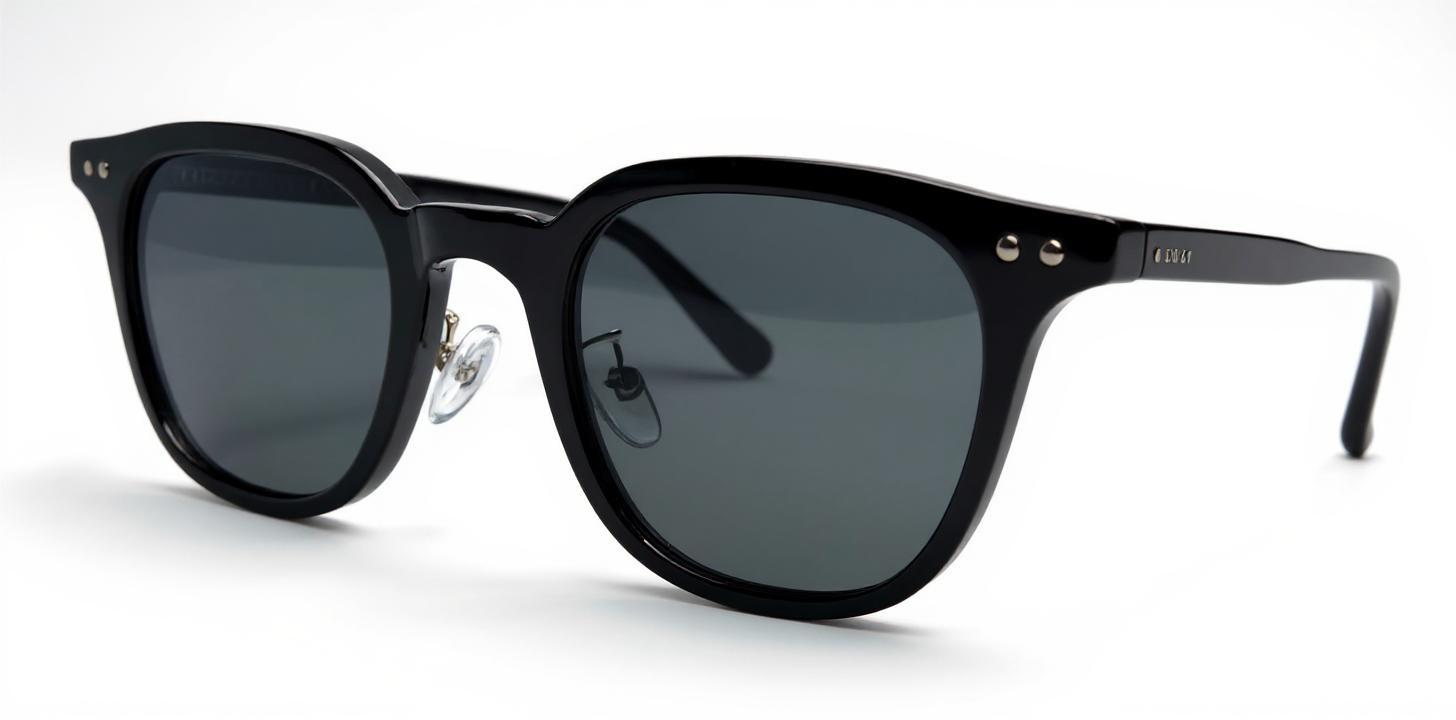 nhance this image of sunglasses to look like a high-end product photo for an e-commerce website.

Use a clean white background with soft, natural-looking shadows.

Make the lenses appear glossy and polarized, reducing glare or imperfections.

Improve clarity, sharpness, and lighting to create a premium studio-style aesthetic.

Highlight the frame details, including textures and contrast between materials.

Do not change or regenerate the design. Only enhance the original image.

Preserve all original features, including the metallic rivets, nose bridge structure, and the visible temples and arms of the frame.

No artistic reinterpretation—this must remain a realistic product photo.