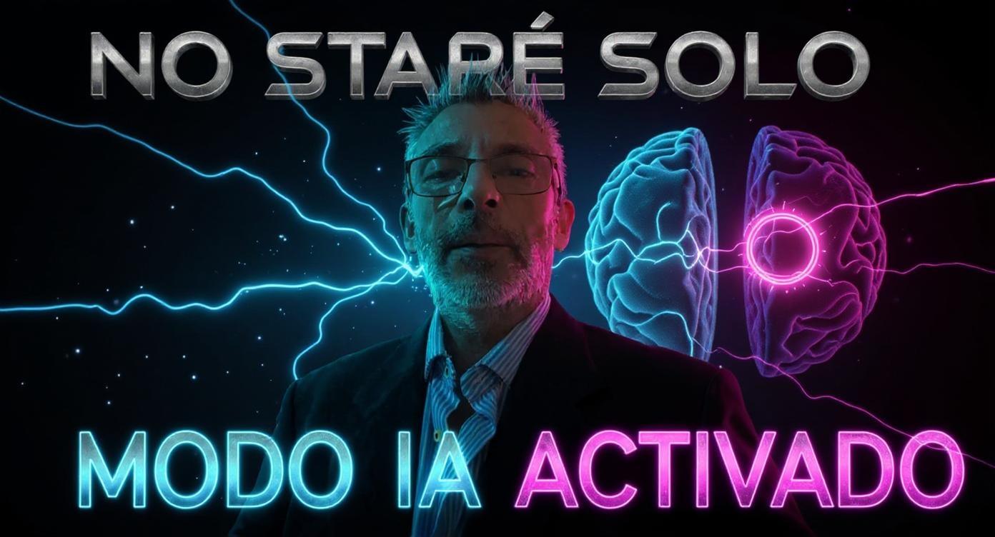 ultra detailed digital artwork, cinematic lighting, futuristic cyberpunk style, exact likeness of the reference image face, black background with glowing neon blue  light trails, holographic effects, glowing digital brain behind in two halves (blue and pink), electric sparks and light beams, giant futuristic power button glowing in one corner, high contrast, sharp details, dramatic atmosphere, ultra realistic skin texture, perfect sharp focus, volumetric lighting, YouTube thumbnail composition.
YouTube thumbnail composition, large bold text at the top: "NO ESTARÉ SOLO" (white metallic glow), large neon text at the bottom: "MODO IA ACTIVADO" (glowing blue and pink), dramatic atmosphere, ultra realistic skin texture, perfect sharp focus, volumetric lighting