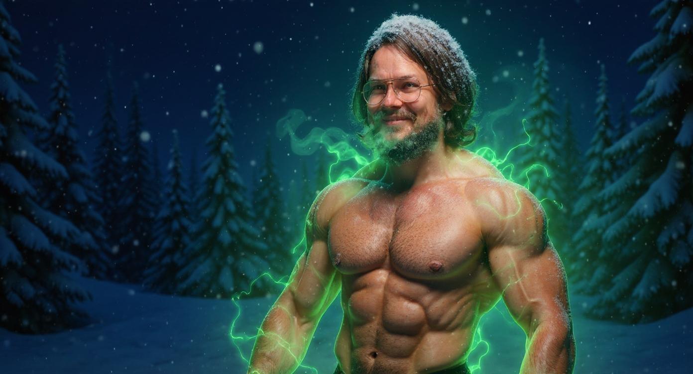 A fit, lean man is positioned so that his right side is exactly aligned with the right edge of the frame, with no visible gap between his body and the frame border. He is shown from the chest up, shirtless, confidently flexing his bicep with his arm slightly lowered for a natural, relaxed pose. He is surrounded by a vibrant green glowing aura softly emanating from his body. Wisps of warm vapor rise gently from his skin, adding a misty breath effect that contrasts with the cold environment. The background depicts a winter night forest filled with blue fir trees under a starry sky. Snow gently falls from the sky, with a thick cap of snow resting on his head like a hat and a layer of snow settled on his shoulders, enhancing the cold, serene atmosphere. The dark, snowy setting contrasts beautifully with the bright green aura around the man. The scene features sharp, high-contrast lighting that highlights his muscle tone and facial features. The composition is bold, dynamic, and designed as an eye-catching YouTube thumbnail.