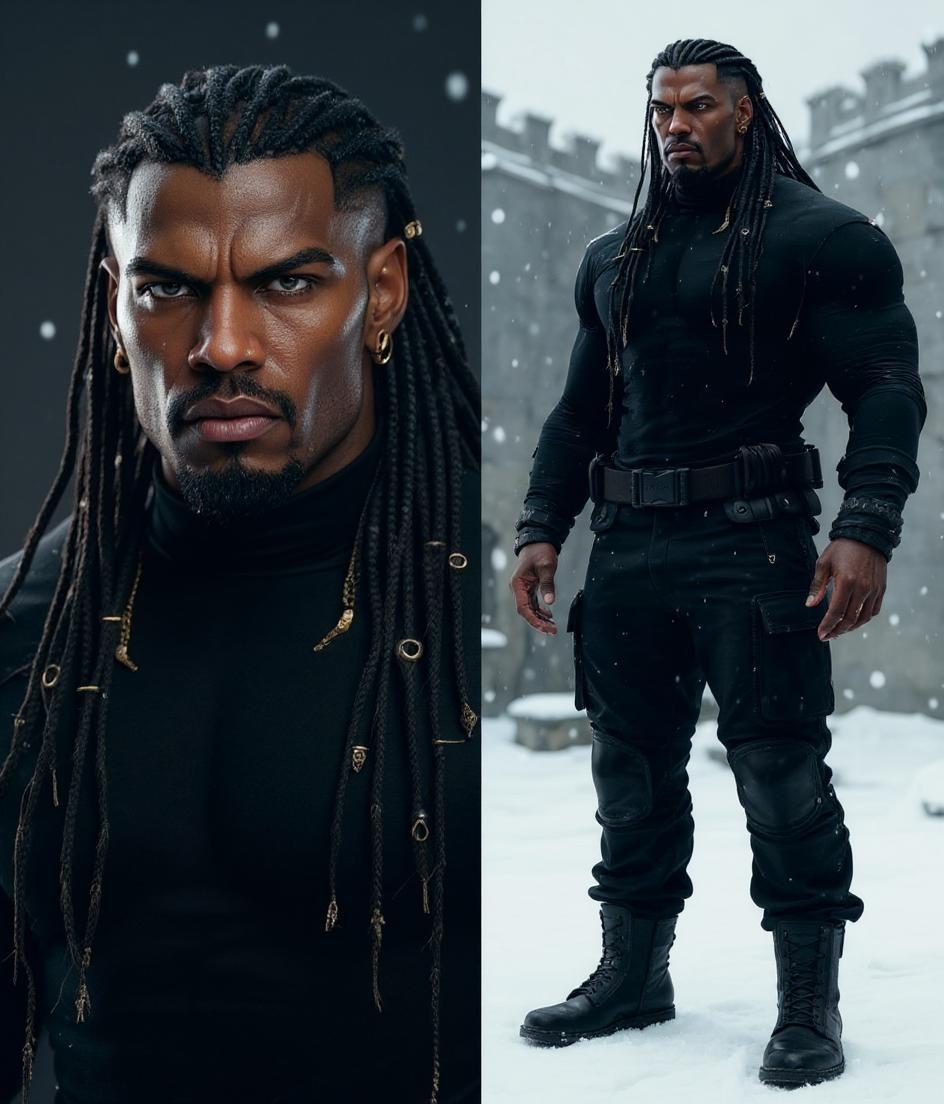 Side by side illustration of a closeup face, and full body character design, of A towering, muscular man with dark skin and a calm, commanding presence. He has long braids decorated with small gold chains woven into the hair, and multiple gold piercings: small hoops and bars in his ears and one in his nose. His face is clean-shaven, without beard and without mustache,nwith sharp features and focused gray eyes. Without necklaces, Without rings, Without bracelets only piercings and hair accents. He wears a tight, long-sleeved black tactical shirt and rugged combat pants, standing in a snowy courtyard of a fortress. Snow falls lightly. His posture is strong but centered, exuding quiet leadership. Displayed over a clean gradient background from charcoal gray to icy white, portrait and full body styled for realistic 3D fantasy art illustration, focused lighting on facial structure and fabric texture, urban fantasy character reference
