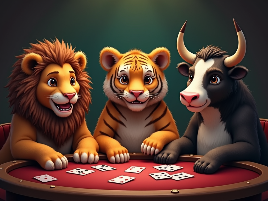 a-lion-tiger-bear-and-a-cow-playing-ukghi9g5v9