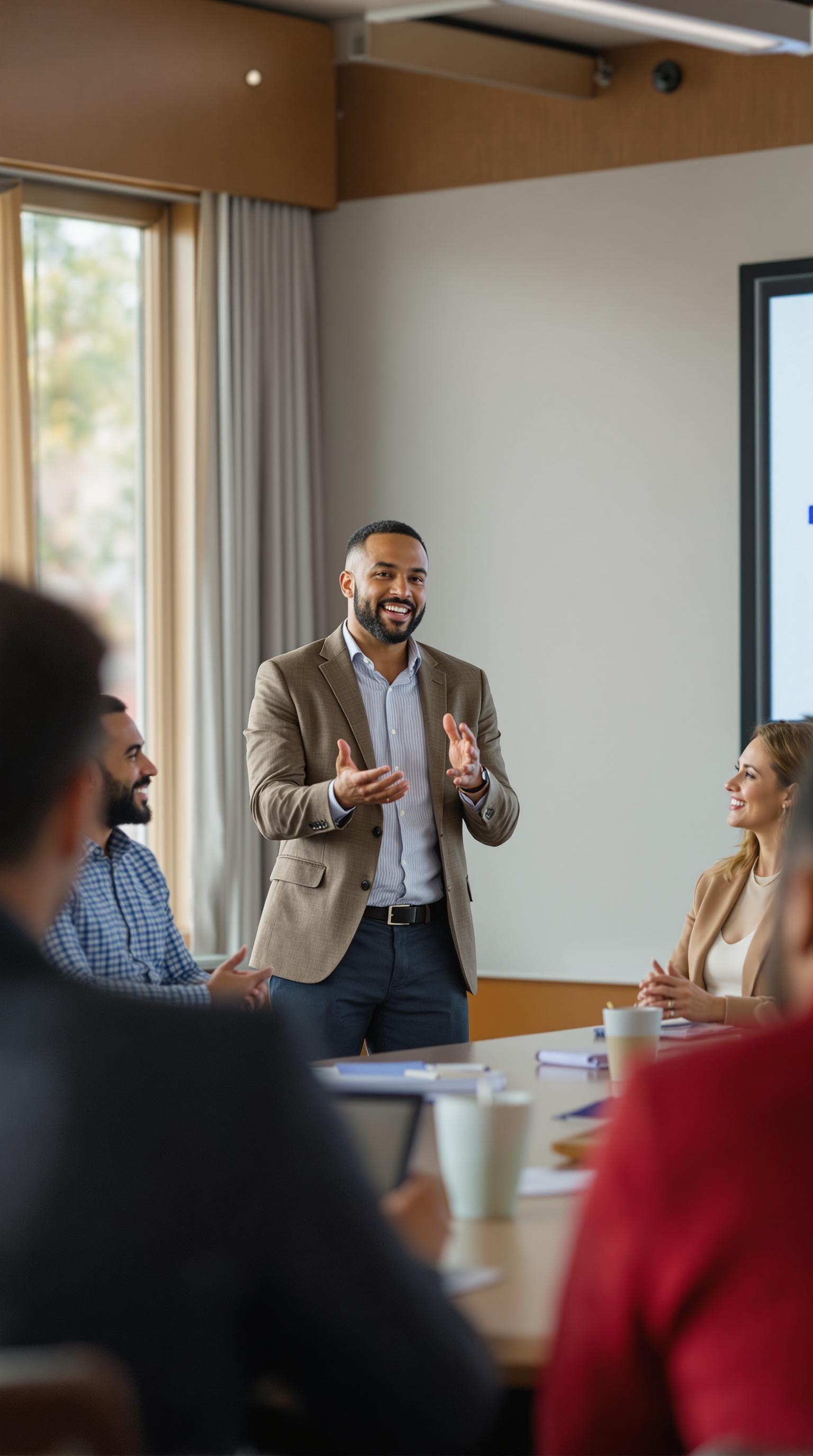 
A modern boardroom setting with a very small group of professionals engaged in a mental health certification training session. Diversity. The speaker, a confident facilitator, stands at the front, gesturing while explaining key points. The audience, consisting of men and women , is actively listening, smiling, and taking notes. The participants are dressed in  casual attire—some wearing sport coats, but no business suits or ties. The atmosphere is warm, professional, and welcoming, with natural lighting and a clean, modern office design. no people in the foreground.