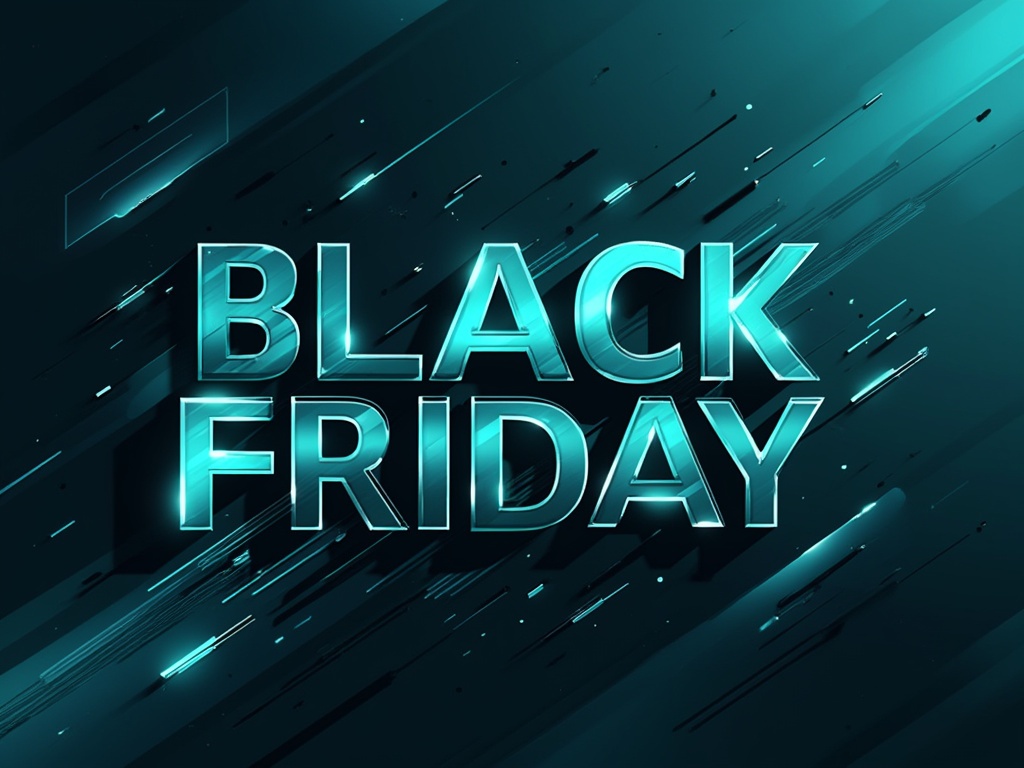 Design a striking image featuring the phrase "Black Friday Sale Soon" in sleek, modern typography. Utilize cool dark cyan shades, incorporating geometric shapes and futuristic elements. The atmosphere should evoke excitement and anticipation, blending contemporary design with a hint of digital innovation.