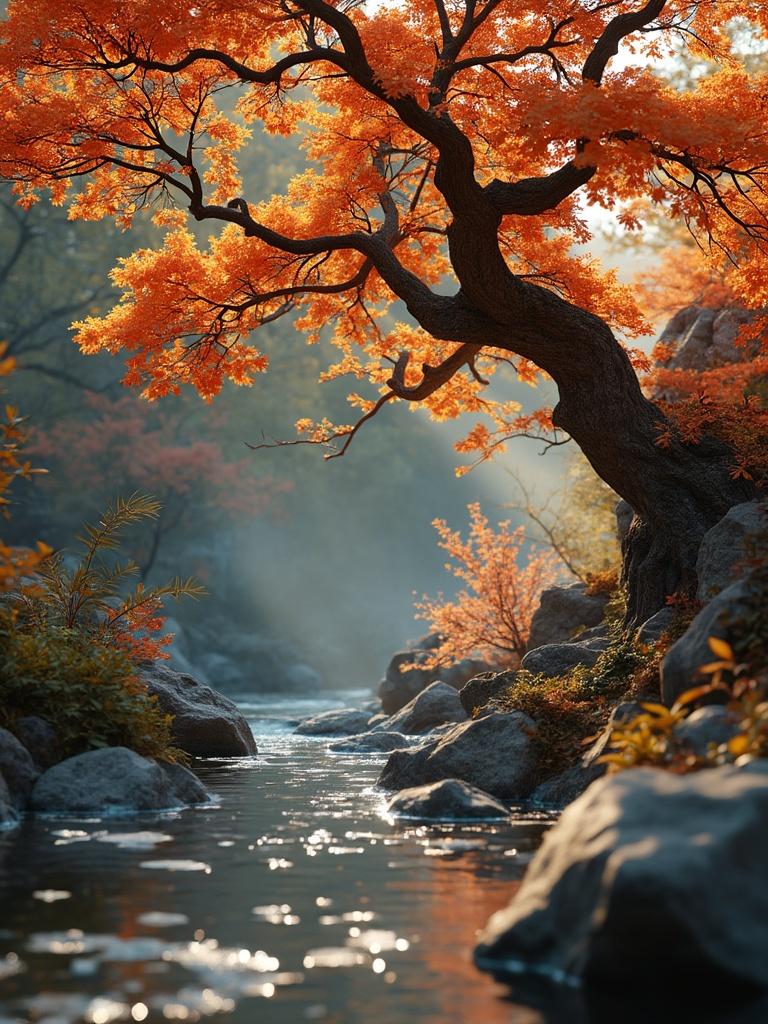 A hyper-realistic scene showcasing [insert key elements of the photo, like a  autumn tree.] The composition is rich with intricate details and vibrant colors. Lighting is soft yet dynamic, casting subtle shadows and highlights. Textures are highly defined, such as [describe textures, e.g., rugged bark on trees, shimmering water, or detailed fabrics]. The overall style is cinematic with a balanced mix of realism and artistic flair. The image is rendered in 4K resolution, emphasizing fine details and depth, while maintaining an ultra-clean and polished aesthetic.