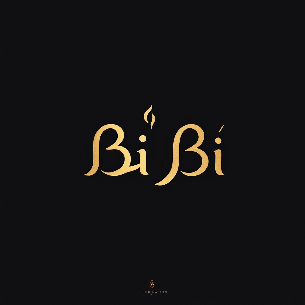 Design a luxurious and minimalist logo for a premium juice and ice cream brand called "Bi Bi". The logo must feature elegant Persian typography for "بی‌بی" using smooth, modern lines. Integrate subtle elements that suggest the brand’s products—like a fluid swirl, drop, or abstract shape—within the lettering, blending them creatively and seamlessly. The color scheme should be rich gold on a dark background (black or deep navy), giving a sophisticated and upscale vibe. The logo should be clean, creative, and high-end, with no cartoonish or excessive elements.
