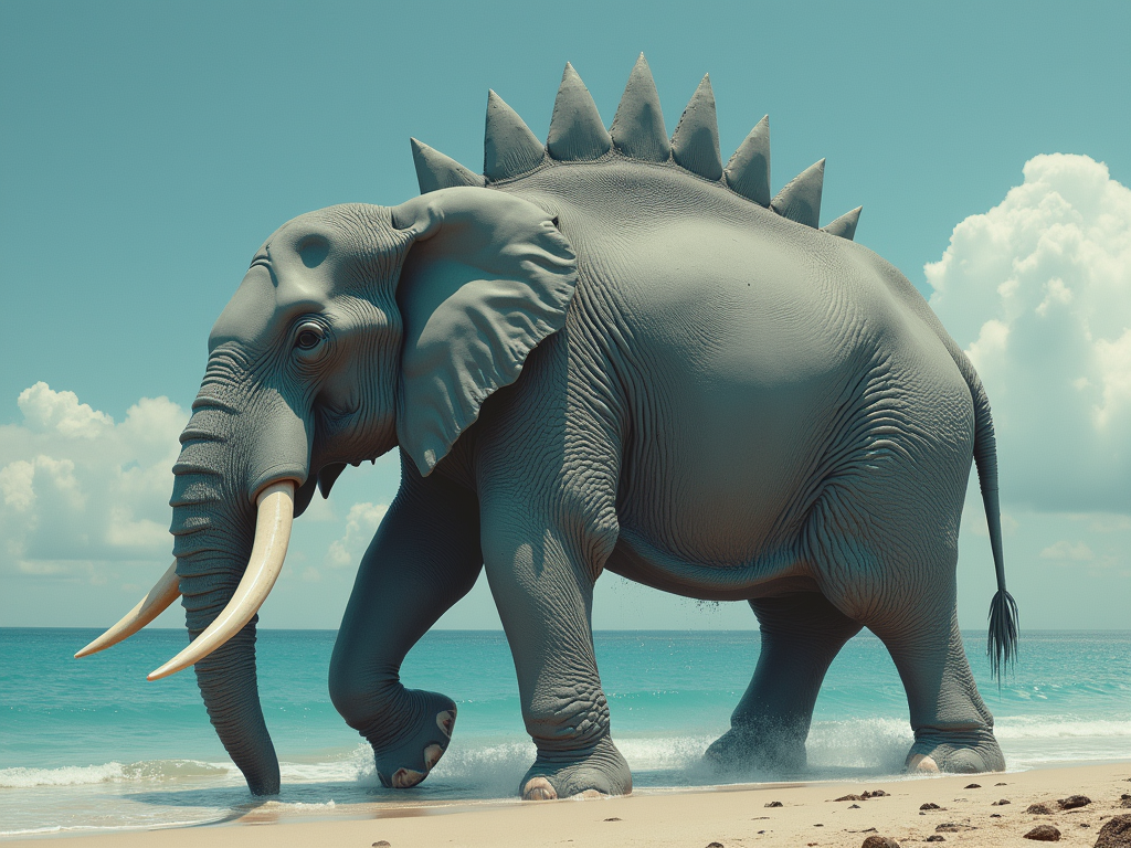 shark face in elephant body with musqes as a denger monster on top of the seashore i

