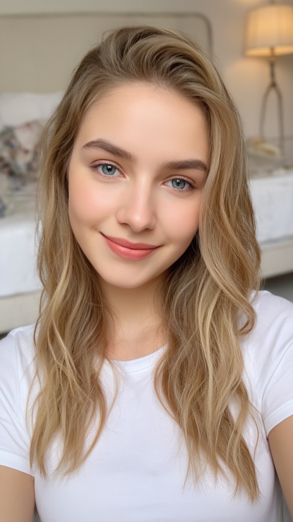 The image is a screenshot of a selfie of a young woman with long blonde hair. She is smiling and looking directly at the camera. She has a natural-looking complexion and her hair is styled in loose waves that fall over her shoulders. She appears to be in her early twenties. The background is blurred, but it seems to be a bedroom with a white bed and a nightstand with a lamp. The woman is wearing a white t-shirt and her makeup is natural and minimalistic.