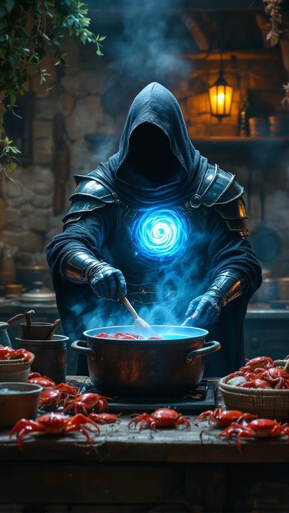 Create a hyper-realistic cinematic scene of the hooded armored figure with the glowing swirling blue energy in his chest. He is in a rustic kitchen, standing at a large iron pot on a wooden stove, stirring crab soup. Steam rises dramatically as red crabs crawl on the counter and one tries to climb out of a basket. The figure’s hood still conceals his face in shadow, but the blue light from his chest reflects off pots, ladles, and stone walls. Dim lanterns and hanging herbs add atmosphere, while the scene balances dark mystique with a humorous undertone of him carefully making crab soup.