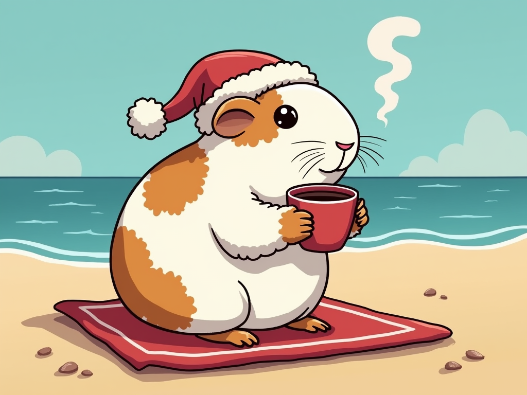 a comic picture of an white and orange spotted guinea pig in a santa claus cap, sitting on a blanket, on a beach and drinking coffee 