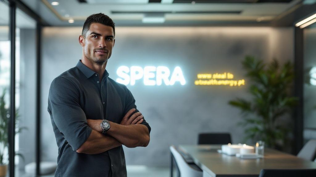 Cristiano Ronaldo stands confidently in a sleek, modern office adorned with high-tech energy solutions, the logo of www.stealthenergy.pt prominently displayed. A motivational quote, "SPERA," glows softly on the wall, casting a hopeful ambiance, symbolizing innovation and sustainability in energy.