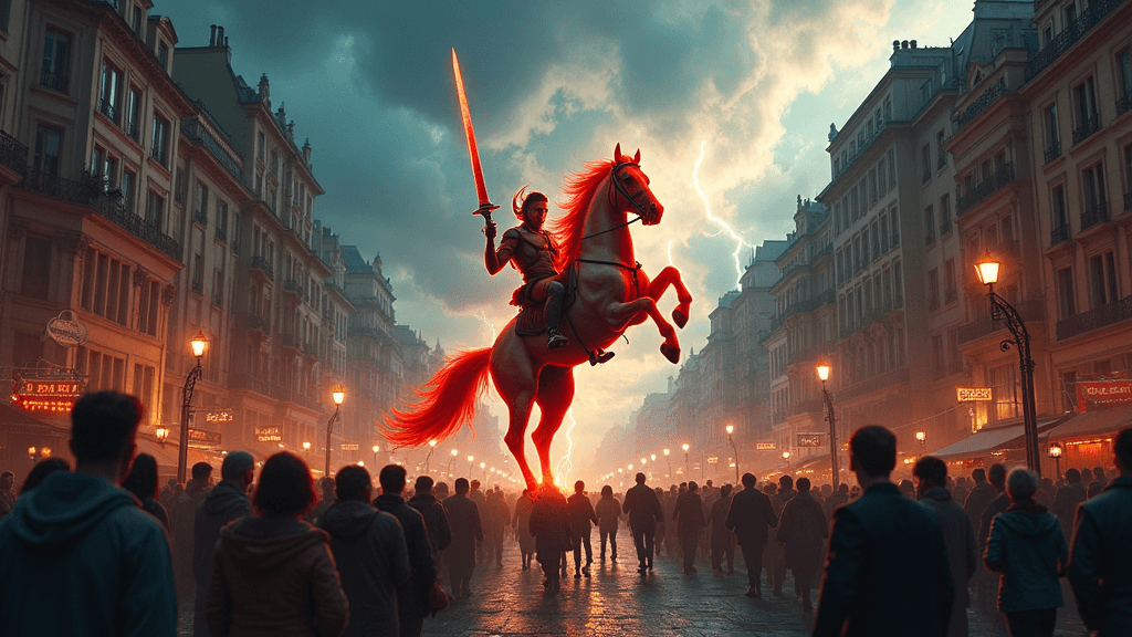 A bustling city street suddenly falls silent as people look up in awe. In the sky, ominous storm clouds part to reveal a fiery red horseman wielding a massive sword, his steed rearing against a backdrop of lightning.