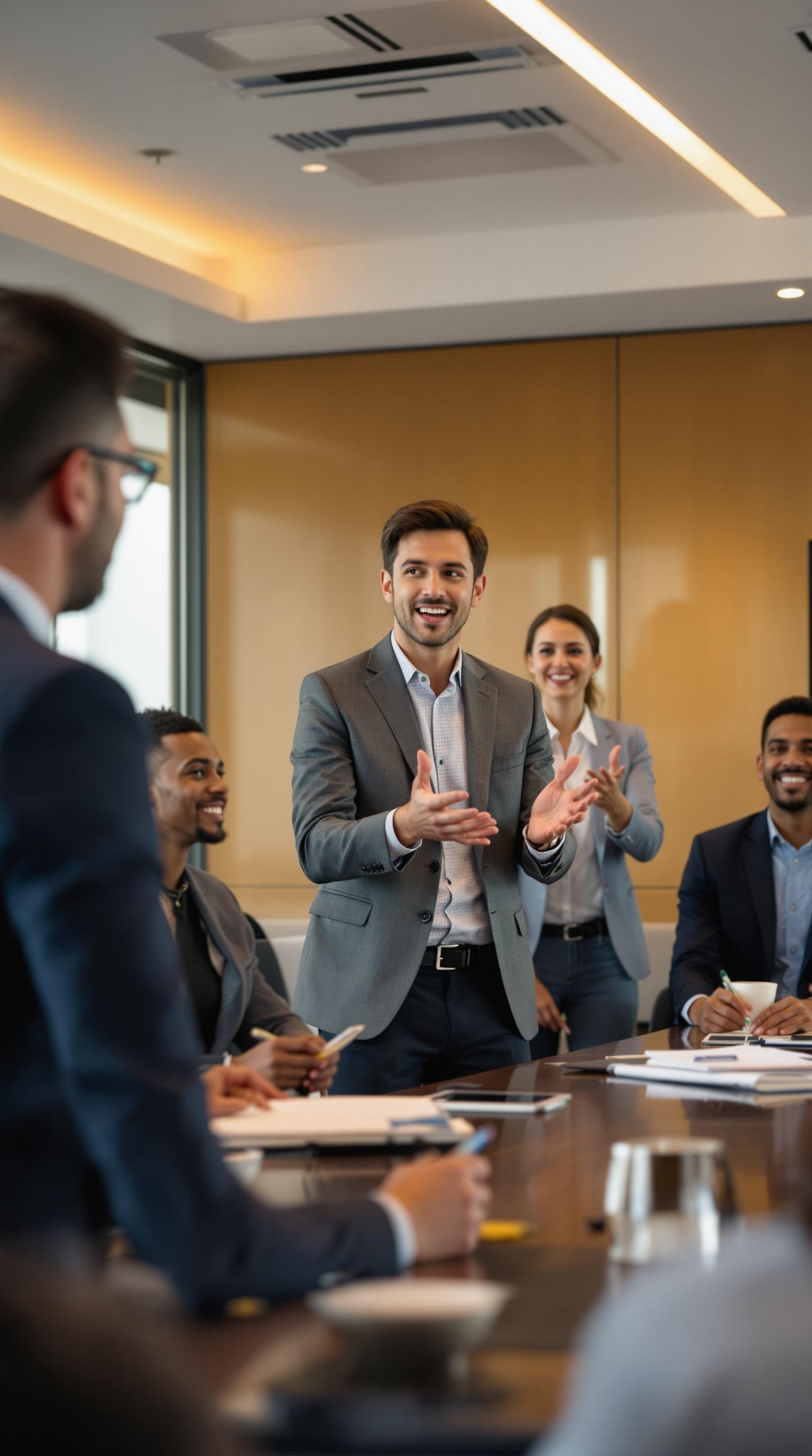 
A modern boardroom setting with a small group of professionals engaged in a mental health certification training session. Diversity. The speaker, a confident facilitator, stands at the front, gesturing while explaining key points. The audience, consisting of men and women , is actively listening, smiling, and taking notes. The participants are dressed in  casual attire—some wearing sport coats, but no business suits or ties. The atmosphere is warm, professional, and welcoming, with natural lighting and a clean, modern office design. no people in the foreground.