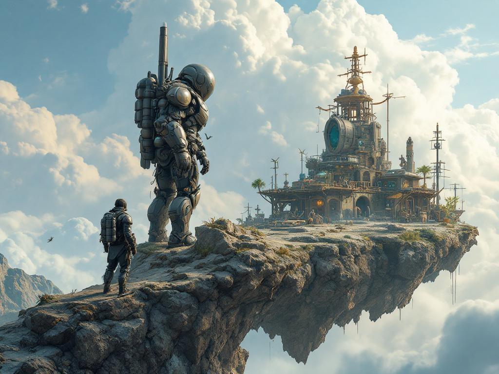 Lone wanderer in massive worn power armor stands on rocky edge of his personal, highly detailed floating island, clearly hovering amidst clouds. The armor is a heavy, multi-layered exoskeleton characterized by its large, somewhat spherical pauldrons, a sturdy, protective chest plate, and thick, segmented limb guards, conveying a robust and functional aesthetic rather than sleekness. It's crafted from dark worn metal & composites, showing signs of long use: scratches, dents, rust, crude repairs. A bulky life support/power backpack with visible vertical tanks and cables is attached. Island underside shows visible, functioning engines. Island is densely packed with survival structures: a fortified shelter (metal, stone, embedded in rock), an outdoor kitchen area with cooking implements, a small aviary/kennel for flying creatures, a prominent power generation unit (wind turbines/solar panels/other tech), water collection system, hydroponics. All functional, worn, inhabited, result of decades of adaptation. He gazes at a fractured sky & clouds below. Resolute pose, years of survival. Medium shot, epic scale. Unique enclosed helmet with a very distinctive design: the top part of the helmet has a rounded, convex, somewhat organic shape, assembled from several thick metal plates joined by visible crude stitches, staples, or large rivets. On the sides are round, noticeably protruding elements, resembling powerful ventilation grilles or auditory sensors with a characteristic ribbed, screw-like texture. Instead of a traditional continuous visor, the facial part is equipped with two small, round, deeply set optical lenses or sensors, similar to protective goggles, creating an effect of a piercing gaze. The most expressive and dominant feature is a massive, forward-jutting, aggressive respirator mask or vox-grille with frequent, narrow vertical slits, resembling the toothed maw of a predator or a powerful industrial vent. Helmet heavily worn. Utilitarian clothing under armor. Belt/armor: pouches, gear for 30 years survival. Background: boundless fractured sky, multi-layered dense clouds. Around his island, only other lifeless, barren floating islands drift aimlessly. Far on the horizon, a colossal, heavily fortified flying city-fortress is visible. Cinematic, high-contrast, dramatic lighting (low sun, rays through clouds, long shadows, highlights). Epic, harsh, melancholic atmosphere, solitude & resilience. Absolute cinematic-level photorealism (like CGI in AAA games/films). Highest detail in textures (metal, stone, clouds - realistic). Deep development of all elements. Sharp render, correct depth of field. No "drawn" look. Only harsh, tangible, realistic imagery. --ar 16:9 --v 7 --style raw --stylize 200 --chaos 0