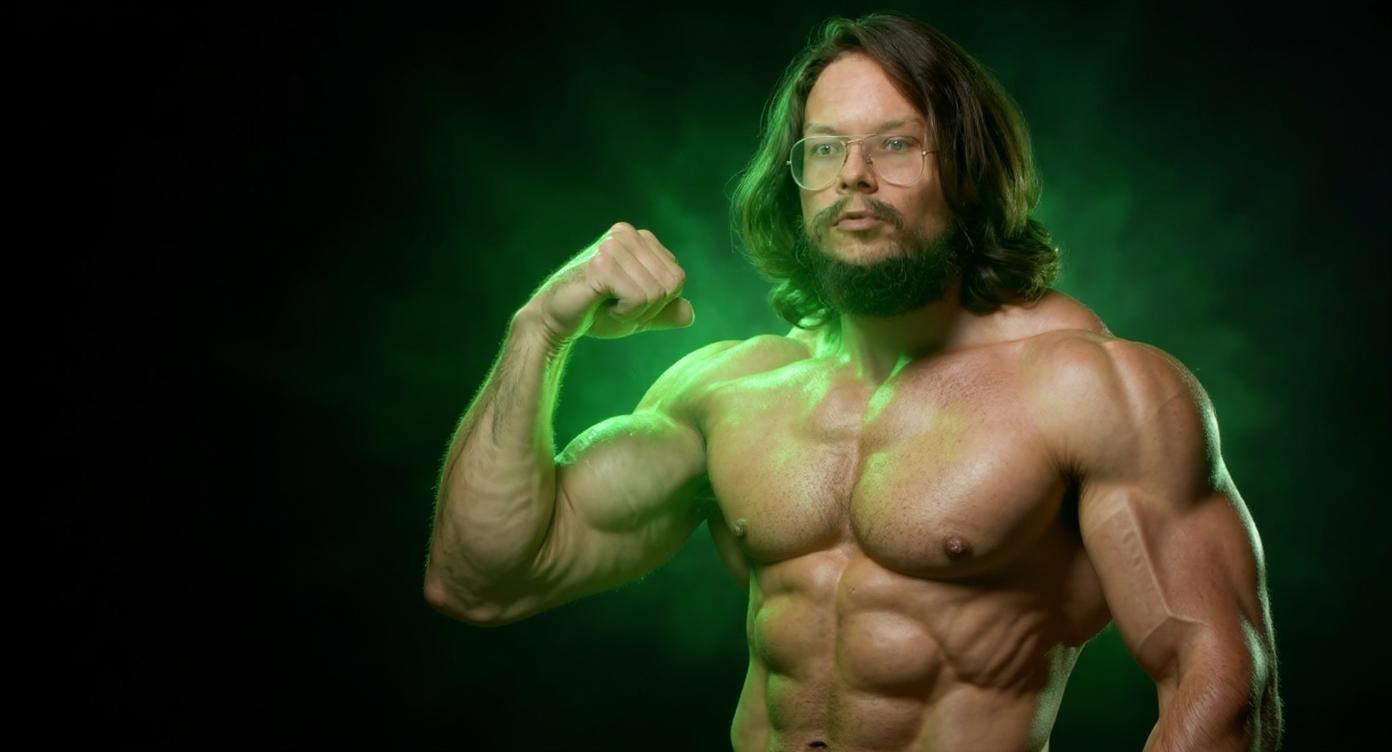 A muscular man positioned tightly in the right part of the frame, shown from the chest up, confidently flexing his bicep toward the viewer. He is shirtless, showcasing his defined physique, surrounded by a vibrant green glowing aura emanating softly from his body. The background is dark and minimalist, emphasizing the bright green light and making the man stand out prominently. The scene features sharp, high-contrast lighting that highlights his muscular definition and facial features. The composition is bold, dynamic, and designed as an eye-catching YouTube thumbnail.