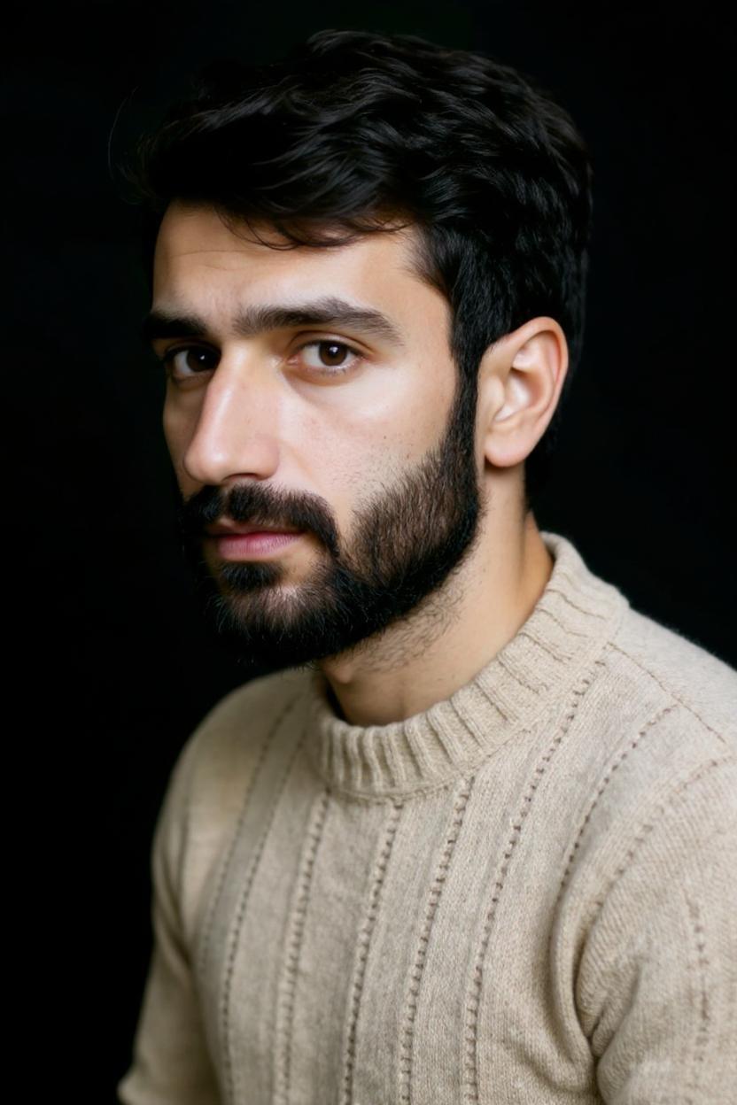 “Context-aware restoration and extension of a vintage portrait. Young man with thick dark hair and a short full beard, slightly turned left, wearing a knitted sweater. Brighten the image, enhance facial clarity, and preserve 100% likeness. Expand the scene to reveal shoulders naturally. Apply subtle, realistic colorization and keep the soft dark background.”


