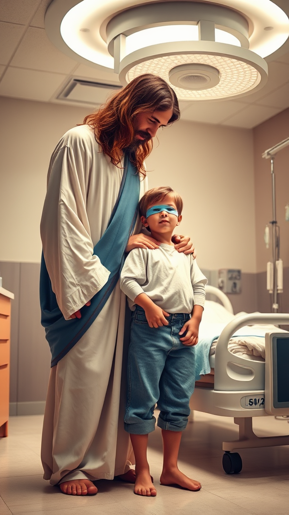
A serene hospital room featuring a compassionate interaction. In the foreground, a figure resembling a traditional depiction of Jesus, with long brown hair, a beard, and wearing a flowing white robe with a blue sash, gently consoles a young boy. The boy, dressed in a light hospital gown and rolled-up blue jeans, stands with a bandage or blue eye mask over his eyes, suggesting recovery or care. The figure leans toward the child in a comforting and protective manner, placing a supportive hand on his shoulder. The background includes typical hospital elements: a modern hospital bed, an IV stand, and a circular surgical light mounted on the ceiling, casting a bright but soft glow. The scene evokes warmth, hope, and healing in a clinical yet spiritual setting.







