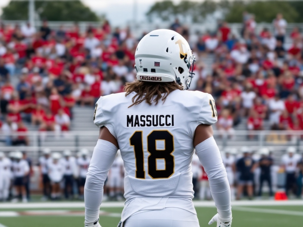 A photo of a high school wide receiver, far away in the photo like youre taking a picture of him on the field and the camera is on the sidelines. Have his number be 18, and his last name MASSUCCI on the backplate, put the team name Crusaders on the jersey, have the jersey and helmet all white, with his small-sized arms covered by white long sleeves, and have a medium-sized high school crowd sitting on bleachers in the background, and a team on the sideline.