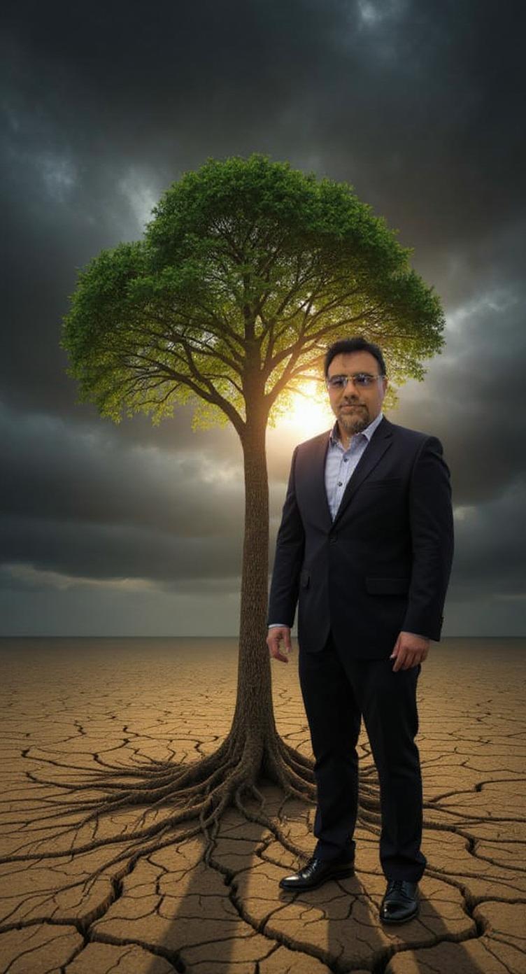 Create an image of a relatively overweight man standing resolutely beside a strong, lush tree. The tree's roots are deeply embedded in dry, cracked soil, symbolizing resilience in adversity. The man stands with a determined expression and a forward gaze, dressed in a simple yet sturdy suit that represents hope and perseverance.

The environment around them is dark and stormy, with heavy clouds swirling ominously above and strong winds creating a sense of turmoil. Despite the harshness of the surroundings, a soft, warm light shines from behind the man and the tree, casting a gentle glow that evokes feelings of growth and optimism amid hardship.

The colors in the poster should primarily consist of deep grays and vibrant greens, contrasting the dark stormy atmosphere with the life-affirming presence of the tree and the man. The overall composition should convey a powerful message of strength and hope, illustrating that even in the darkest times, there is potential for growth and renewal.

No text should appear on the poster, allowing the imagery to speak for itself and resonate with viewers on an emotional level.