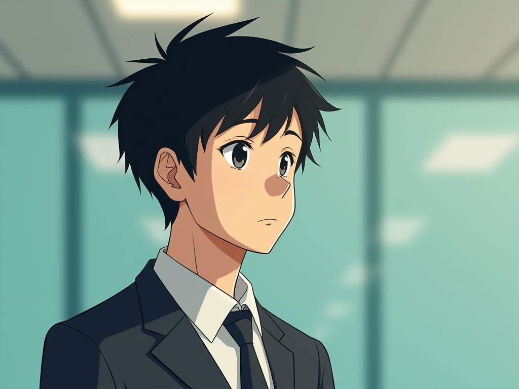 A 30-year-old businessman with short black hair, youthful features resembling a college student, stands at 165 cm. Once a dedicated soft tennis player and club president, he now navigates a busy work life, longing for camaraderie amidst the corporate grind.