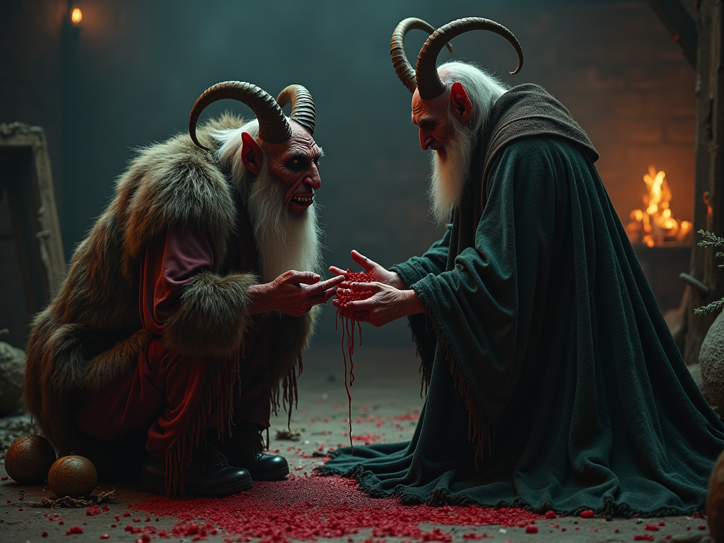 Realistic image. The very very evil scary Krampus tortures the evil father. Christmas and scary atmosphere.