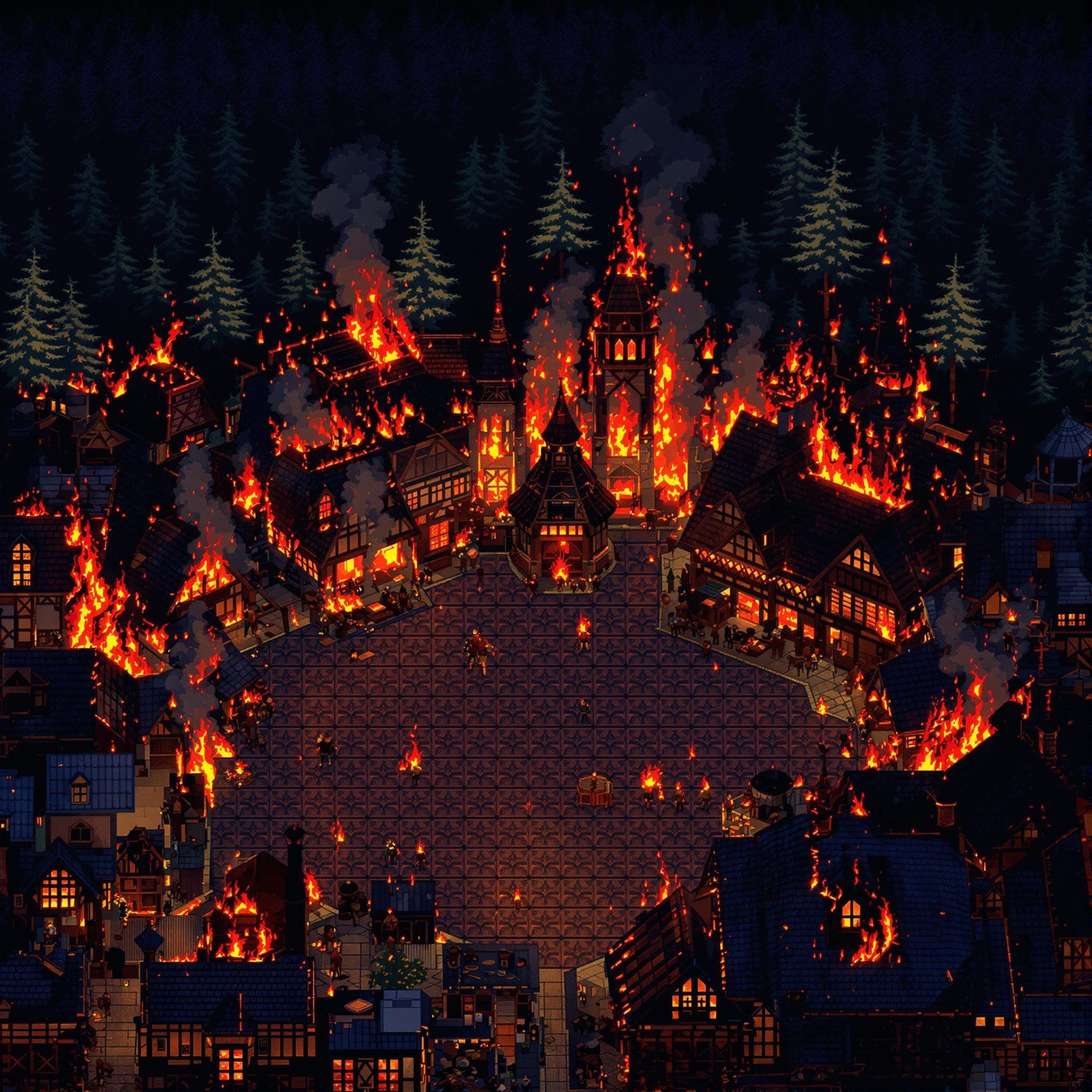 16-bit pixel art aerial view of burning medieval village from rooftop perspective, showing flames across wooden structures toward dark northern forest. Blazing houses and smoking buildings spread across tile-based composition. Central plaza surrounded by structures, transitioning to forest silhouette with dithering and limited palette. Dramatic nighttime fire lighting creates orange-red glow through pixel shading, with smoke columns using classic 16-bit style. Viking warriors in circle around plaza, building fires as distance markers. Composition balances foreground roof details with forest backdrop using layered pixel techniques, contrasting destruction with escape route through crisp pixels and retro aesthetics.