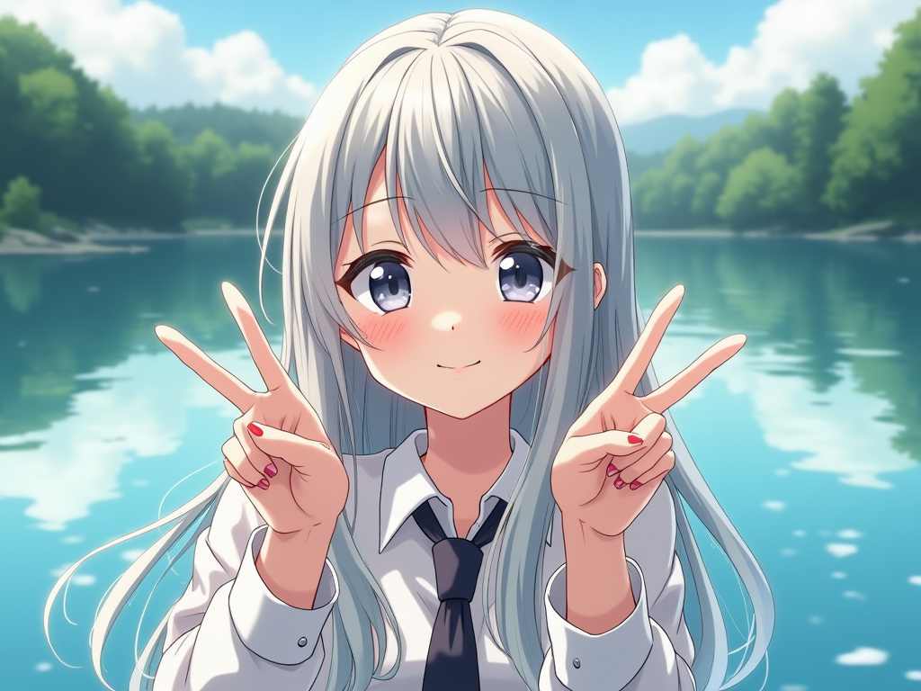 japanese anime , V sign , 16k, masterpiece, best quality, 1 girl student, silver gradation hair, long side hair, water painting, smiling, lakeside background, morning time, frontlighting, cinematic lighting, shiney sun brightness, beautiful composition, extremely detailed, 8k