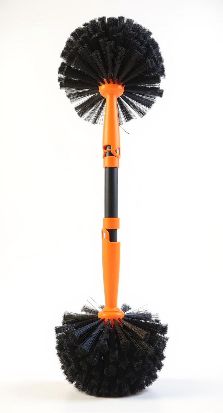 A highly detailed product render of a black bristle toilet cleaning brush with a bright orange handle, presented vertically. The brush is round and dense, with thick black bristles forming a circular head. The orange plastic grip has a sleek, ergonomic shape with a built-in hanging hook. The brush is standing upright on a clean white background with soft shadows. Add soft studio lighting from the top right, reflections on the plastic handle, and clear focus on the brush texture. Ideal for an Amazon product listing. Minimalist layout, no text, no logos.
--v 6 --ar 4:5 --style photographic --q 2 --style raw
