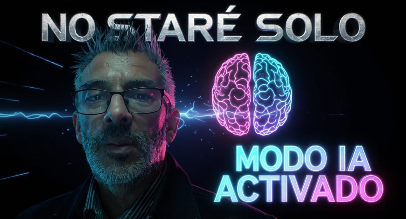 ultra detailed digital artwork, cinematic lighting, futuristic cyberpunk style, exact likeness of the reference image face, black background with glowing neon blue and pink light trails, holographic effects, glowing digital brain behind in two halves (blue and pink), electric sparks and light beams, giant futuristic power button glowing in one corner, high contrast, sharp details, dramatic atmosphere, ultra realistic skin texture, perfect sharp focus, volumetric lighting, YouTube thumbnail composition.
YouTube thumbnail composition, large bold text at the top: "NO ESTARÉ SOLO" (white metallic glow), large neon text at the bottom: "MODO IA ACTIVADO" (glowing blue and pink), dramatic atmosphere, ultra realistic skin texture, perfect sharp focus, volumetric lighting