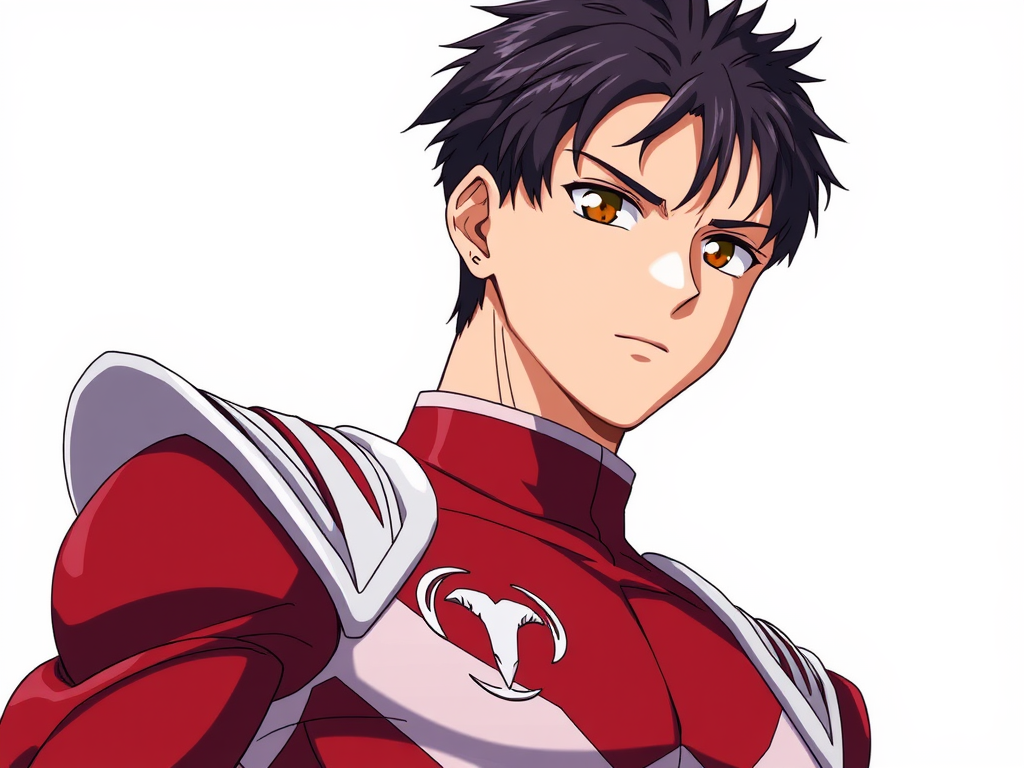 Kyo is tall, muscular and athletic, reflecting his leadership spirit and courage. He has short, dark hair, usually a little messy, and intense brown eyes that show determination. He usually dresses casually, with dark tones that matches his somewhat rebellious style. Now he is wearing a power ranger outfit, in deep red color, with white shoulder pads, symbol of the constellation of Aries on the chest and without a helmet. White background Anime. CLAMP style