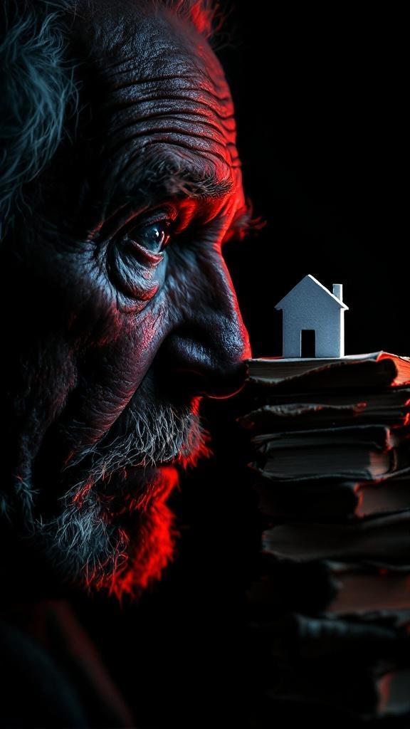 A cinematic close-up of an elderly man's face, left side etched with shock and doubt, illuminated by dramatic chiaroscuro lighting; right side juxtaposed with a stark white house icon and a meticulously detailed stack of aged documents, red seals gleaming; ultra-realistic skin texture, dark background, red accents punctuating the scene, conveying a sense of unsettling revelation.
