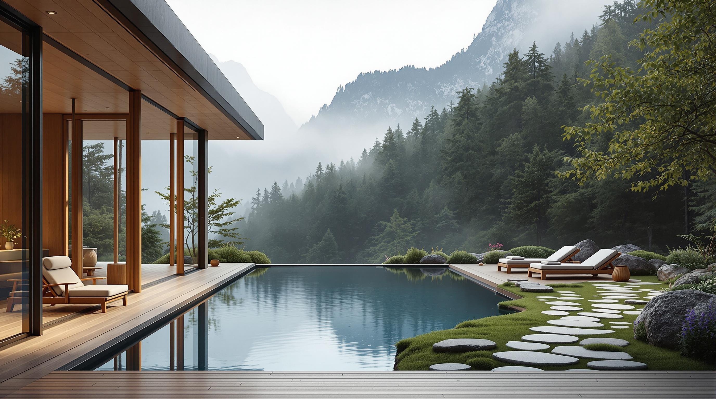 Create a picture of "Modern luxury spa retreat surrounded by forest, floor-to-ceiling windows, infinity pool overlooking mountains, zen garden with stone pathways, minimalist wooden furniture, soft natural lighting, misty atmosphere, ultra-detailed 3D rendering, architectural digest style"