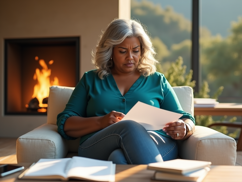 A breathtaking, ultra-detailed 4K photorealistic image of a 59-year-old large stylish black woman with medium wavy silver hair and a precise side part, seated gracefully, on a modern cream cushion lounge chair on the deck of her 2-story elegant mountain home. She gazes thoughtfully, as she reads a document and she radiates frustration through her soft expression. Dressed in a stylish teal V-neck top and jeans, her calm demeanor subtly embodies inner turmoil. The table is cluttered with financial documents, an iPhone and books, hinting at a busy, complicated and multifaceted life. Sunlight streams through a canyon behind her, casting tall shadows that illuminate the space, creating a warm, inviting atmosphere. The backyard features luxurious fireplace behind her, enhancing the serene, wealthy ambiance. The composition emphasizes anatomical accuracy, the overall scene evokes a sense of peaceful day. 