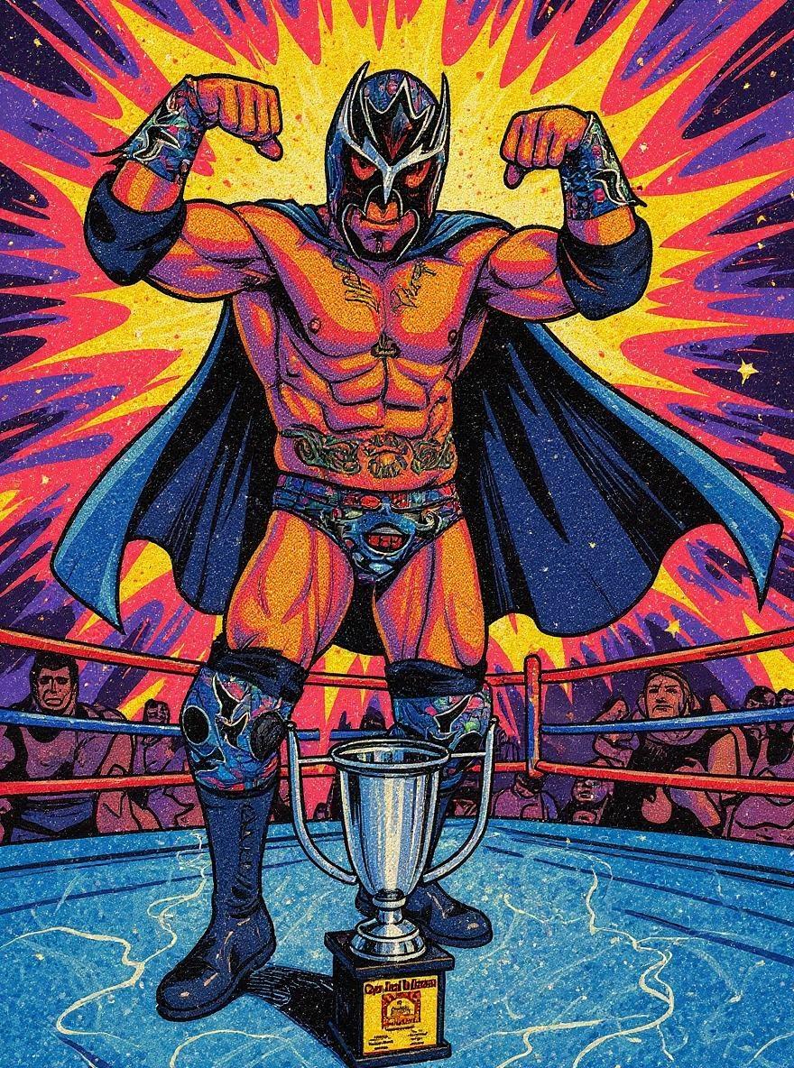 Transform into a comic book style art A vibrant Comics-style hero, powerfully posed within a brightly lit lucha libre ring, muscles tensed, cape billowing;  intense, dynamic action;  a chaotic, colorful explosion of energy;  a gritty, comic book aesthetic;  random style. 