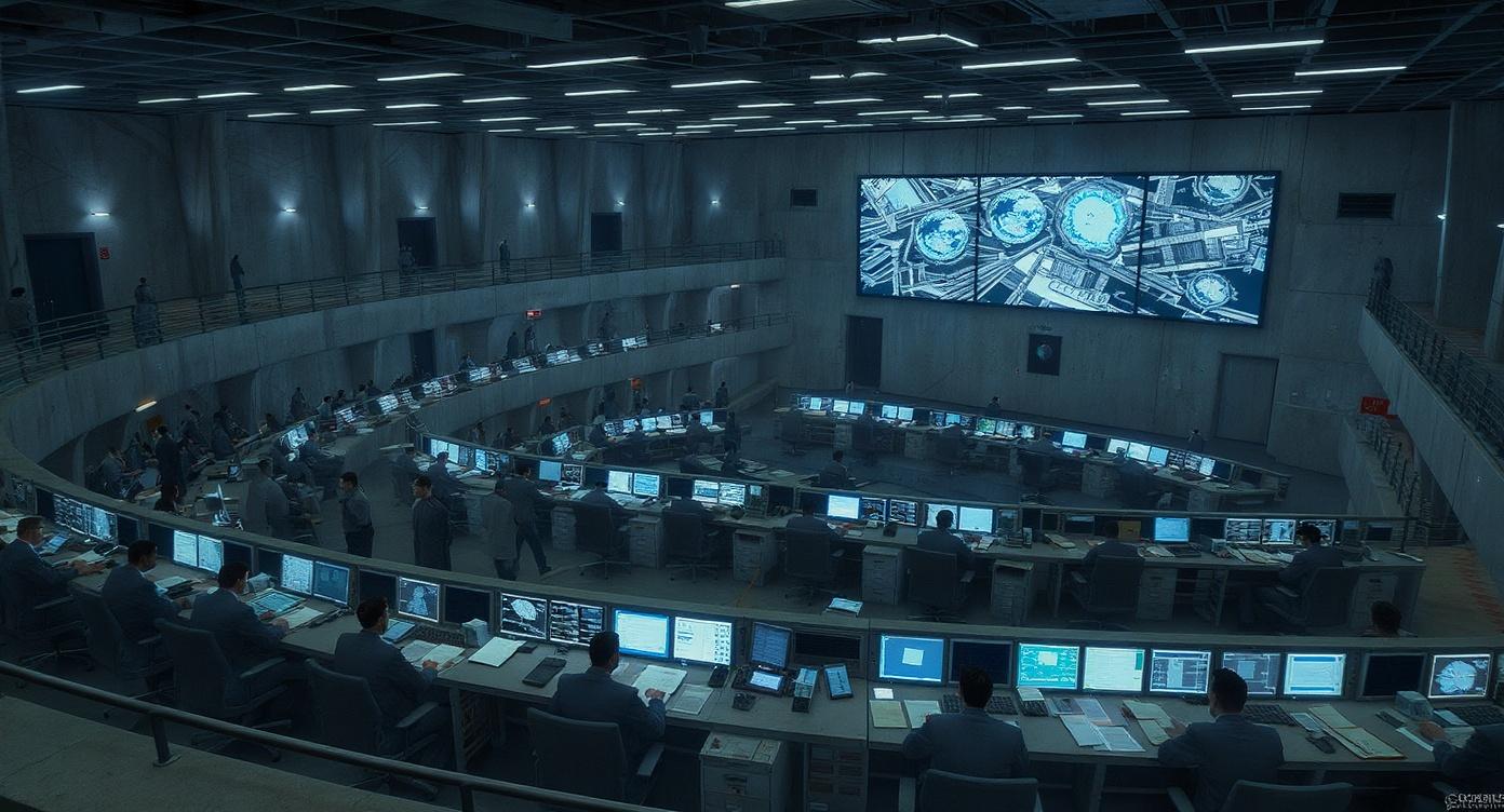 IDEA: Government mission control center with terraced surveillance stations and massive monitoring infrastructure in oppressive institutional atmosphere
SUBJECT: Large brutalist command center with multiple tiers of control stations, dozens of specialists monitoring screens during critical state operations
DETAILED_APPEARANCE: Massive institutional hall with systematic terraced levels, each tier containing 8-12 control stations with multiple monitors, specialists in government uniforms focused on surveillance data, senior officers moving between levels, institutional lighting creating harsh work environment
POSES: Control specialists seated at monitoring stations focused downward on displays, senior officers standing behind operators reviewing data, technical staff moving between workstations with documents, communications personnel with headsets, no one looking at camera - all absorbed in systematic state monitoring
EMOTIONAL_STATE: Intense professional concentration under institutional pressure, systematic surveillance operations, controlled efficiency with underlying tension, disciplined focus on state security monitoring
COSTUME_DETAILS: Specialists in dark blue office uniforms (#1E3A8A), senior officers in steel grey institutional attire (#4B5563), technical staff with ID badges and functional work clothing, headset operators in systematic uniforms
ACCESSORIES: Multiple monitoring screens per station, technical documentation, communication headsets, institutional clipboards, access cards, surveillance equipment, systematic work materials
PRECISE_SPATIAL_POSITIONING: Camera positioned at elevated angle looking down at terraced control room, 30-degree high angle shot emphasizing systematic layout. Main control stations arranged in 4 systematic tiers descending toward front wall. Large monitoring displays mounted on front wall showing operational data. Control specialists positioned throughout terraced seating, senior officers in aisles between levels.
LOCATION_AND_ENVIRONMENT: Massive brutalist government command center with geometric concrete construction, systematic terraced design with 4 levels of control stations, large institutional displays mounted on front concrete wall, harsh fluorescent grid lighting, exposed institutional ceiling with geometric ventilation patterns, systematic cable management throughout facility
TIME_AND_WEATHER: Evening shift during critical state monitoring operations with full operational lighting creating institutional work atmosphere
PROFESSIONAL_LIGHTING: FREEZING BLUE FLUORESCENT, icy ambient 3400K, overhead institutional lighting 400 lux with systematic grid pattern, harsh work illumination creating deep shadows between terraced levels, cold institutional atmosphere with no natural light sources
CINEMATIC_COLOR_PALETTE: FREEZING BLUE FILTER, dominant icy blue (#1E3A8A), deep graphite (#4B5563), faded institutional white (#E5E7EB), coal black shadows (#1F2937), HEAVY BLUE CAST, desaturation (-60%), contrast (+45%)
SHOOTING_STYLE: "The Boys" COLD CINEMATOGRAPHY, institutional surveillance aesthetic, systematic operational documentation, oppressive state monitoring atmosphere
TECHNICAL_EQUIPMENT: 24-70mm lens, professional cinema camera, institutional documentation setup, surveillance-style observation angle
FRAME_COMPOSITION: 16:9 wide shot emphasizing terraced systematic layout, rule of thirds with control stations in lower two-thirds, monitoring displays in upper third, systematic institutional organization throughout frame
DEPTH_OF_FIELD: Deep focus from foreground control stations to background monitoring wall, everything sharp showing systematic institutional precision and operational detail
MOVEMENT_AND_DYNAMICS: Static operational composition with minimal controlled movement, specialists focused on monitoring tasks, senior officers making measured movements between stations, systematic institutional efficiency
TEXTURES_AND_MATERIALS: Cold concrete construction with geometric institutional patterns, plastic control surfaces showing systematic use, metal framework with industrial precision, electronic displays with institutional data, worn institutional flooring with geometric patterns
ATMOSPHERIC_EFFECTS: ICY COLD BLUE AMBIENT LIGHT 3400K, electronic humming from monitoring equipment, systematic operational sounds, institutional HVAC systems, harsh fluorescent echo in concrete space, ARCTIC SURVEILLANCE STATE PRESSURE
ASPECT_RATIO: 16:9 for systematic institutional documentation
ATMOSPHERE_AND_MOOD: OPPRESSIVE COLD ATMOSPHERE, systematic state surveillance operations, institutional monitoring control, MAXIMUM COLD ATMOSPHERIC TREATMENT, disciplined governmental efficiency under surveillance state pressure
TECHNICAL_QUALITY_PARAMETERS: 8K resolution, institutional surveillance authenticity, APPLY MAXIMUM FREEZING BLUE FILTER, systematic governmental precision, EXTREME COLD ATMOSPHERIC PROCESSING, heavy grain structure