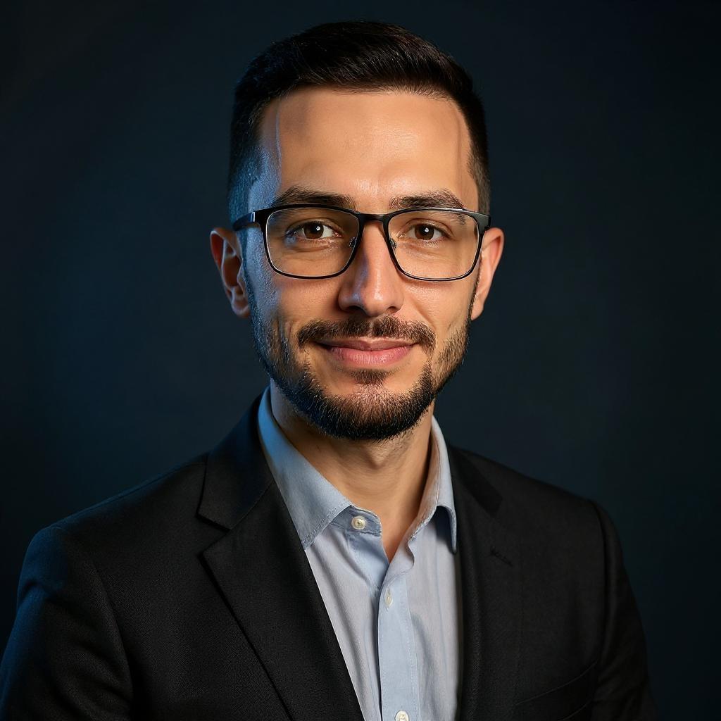 Transform this input image into a professional LinkedIn headshot. Maintain the person's facial features, Keep skin tone, and hairstyle accurately. Apply clean studio lighting with a soft, ambient cool blue tone and subtle shadows to add depth. Use a dark, smooth gradient background (dark navy or charcoal) to enhance focus on the subject. Ensure the subject wears a sharp business-casual outfit (professional suit). smooth skin, natural lighting on the face, with head and shoulders visible, perfect for a LinkedIn profile.